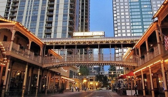 Church Street Historic District, Downtown Orlando, at dusk.